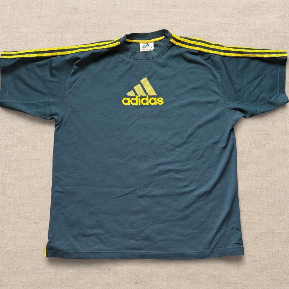 Vintage 90s Adidas 3 Stripe Heavy T-Shirt Mens Size Large Gray Yellow Logo